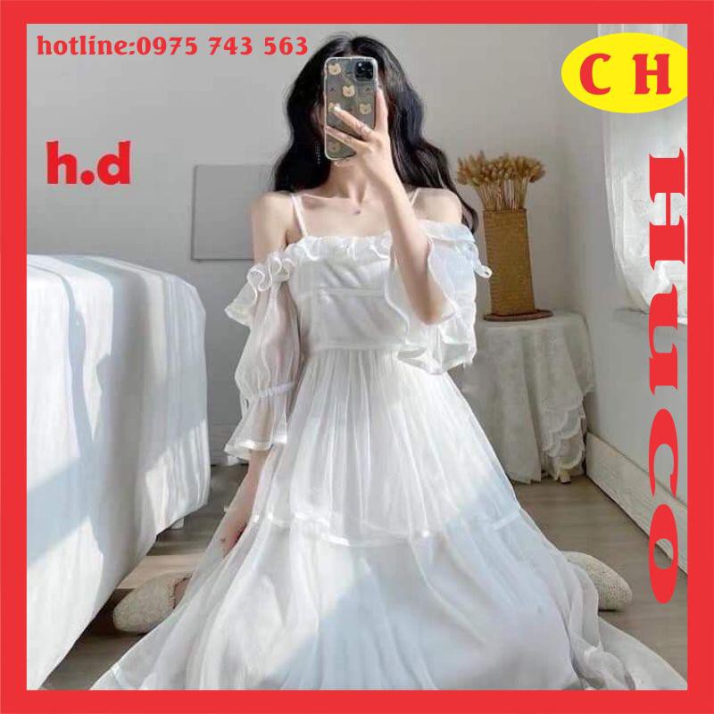 váy voan tơ hai dây trễ vai, đầm tiểu thư maxic đi biển có bèo nhún tay lỡ chun nhẹ,váy trắng xòe nhiều tầng hai lớp lót | BigBuy360 - bigbuy360.vn