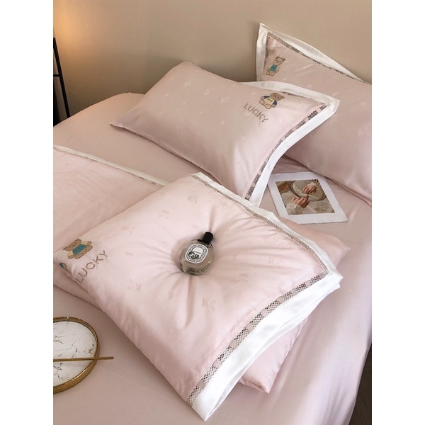 Bộ chăn ga gối Tencel 80s thêu gấu Teddy 4 màu - chăn chần hè bông tơ tằm