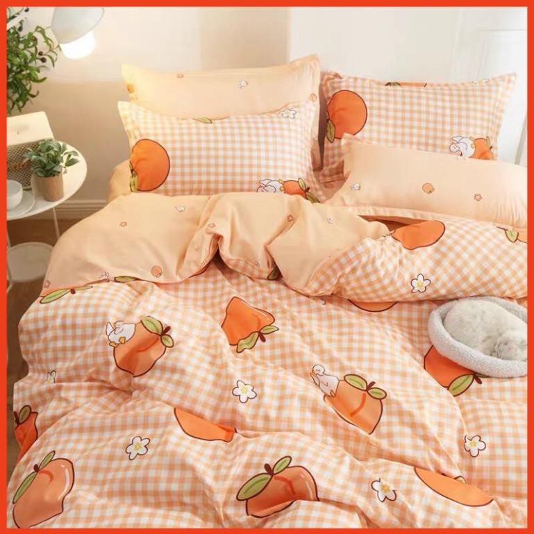 Bộ chăn ga gối Cotton poly Su House bedding, vỏ chăn mền, drap ga giường và 2 vỏ gối - PL Đào cam kẻ