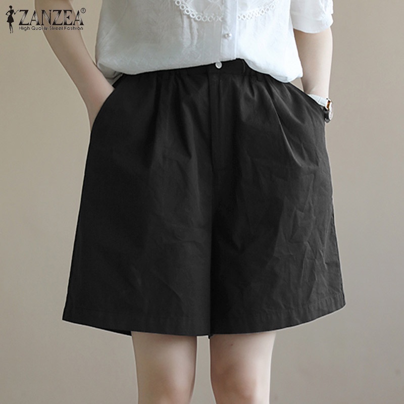Quần đùi ZANZEA ống rộng lưng thun màu trơn đơn giản phong cách Hàn Quốc cho nữ