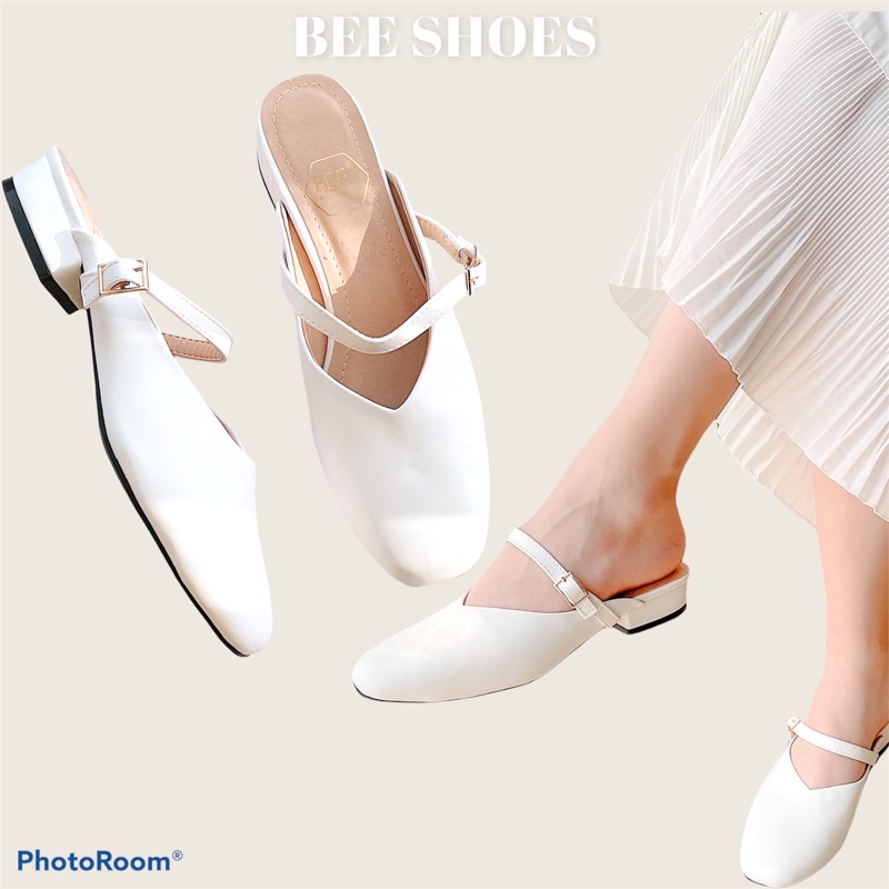 BEESHOES - SỤC NỮ MŨI VUÔNG QUAI NGANG DA LÌ - SỤC NỮ ĐẾ BỆT ĐI SIÊU ÊM SIÊU MỀM SẴN MÀU ĐEN - BE - TRẮNG 201055