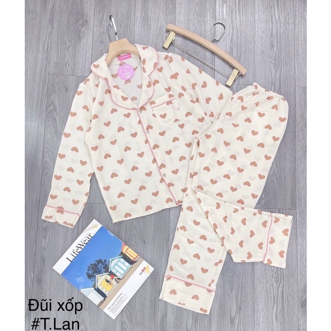 Bộ pijama chất đũi xốp tay dài quần dài, Bộ mặc nhà nữ thu đông nhiều hoạ tiết