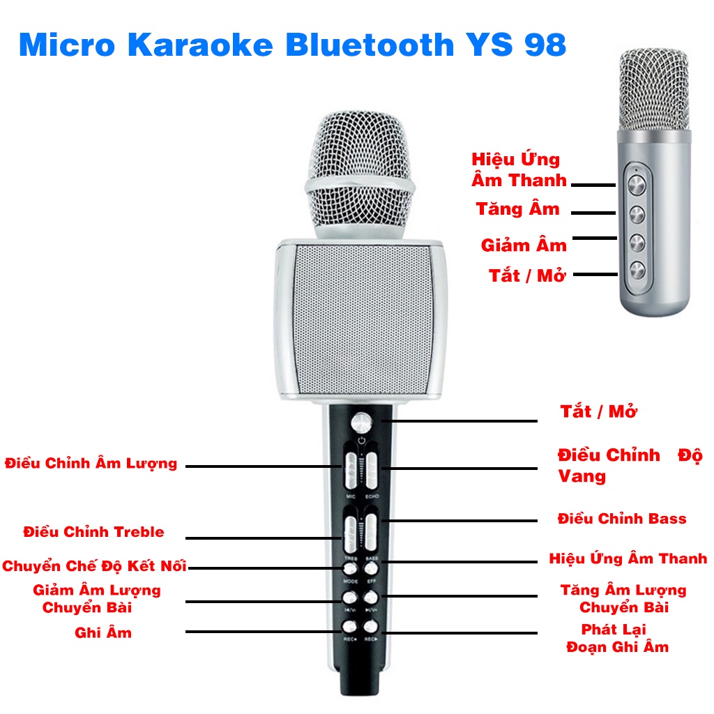 Micro karaoke bluetooth YS98 cao cấp thêm 1 mic để hát song ca tích hợp loa bass tress - Micro bluetooth karaoke | BH 6T
