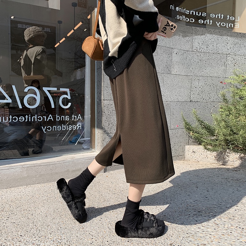 SUXI Chân Váy Dệt Kim Lưng Cao Màu Sắc Đơn Giản Thời Trang Thu Đông Cho Nữ