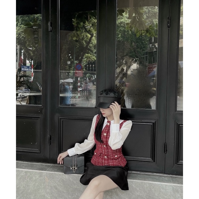 [ẢNH FEEDBACK + VIDEO THẬT] TAYLOR TOP (Bản Đỏ) mix JULIE SKIRT - Áo dạ tweed đỏ pha voan + Chân váy đen tarfa cao cấp