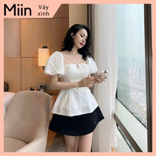 Set áo tay bồng đan lưng chân váy dáng A
