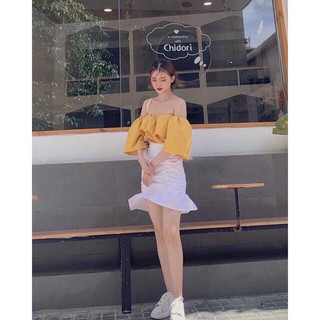 Sét Đồ Bộ Áo Nhún Bèo 2 Lớp Trễ Vai & Chân Váy Nhún ( Chân Váy Có Lót Trong )