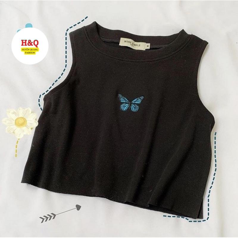 Áo 3 lỗ croptop nữ thêu hình bướm chất cotton mịn thoáng mát - Huyền Quang