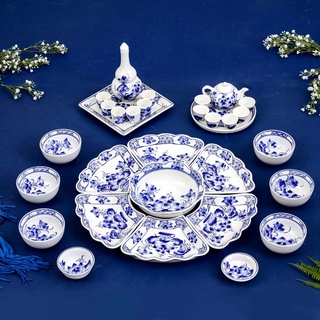 BỘ BÁT ĐĨA HOẠ TIẾT SEN XANH VẼ TAY