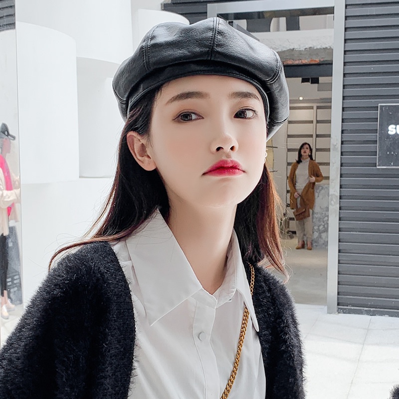 Mũ nồi Beret nữ thời trang da PU có dây rút điều chỉnh vòng đầu 3 màu bát giác