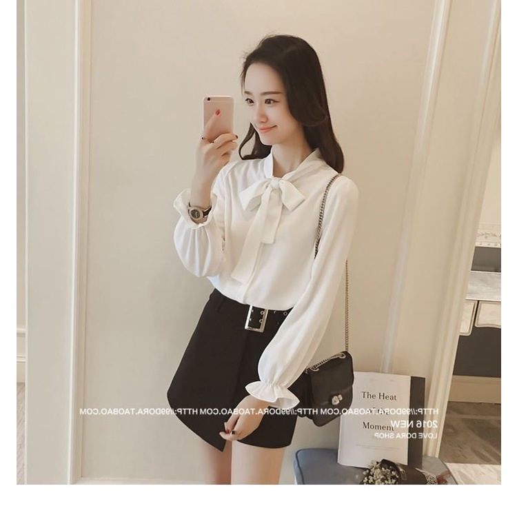 Áo Sơ Mi Tay Dài Công Sở Cho Nữ Thắt Nơ Kiểu Phong Cách Hàn Quốc Form Rộng S3T5-3