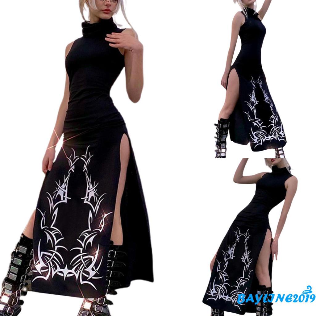 Đầm dài không tay cổ cao xẻ tà in họa tiết phong cách vintage thời trang mùa hè cho nữ