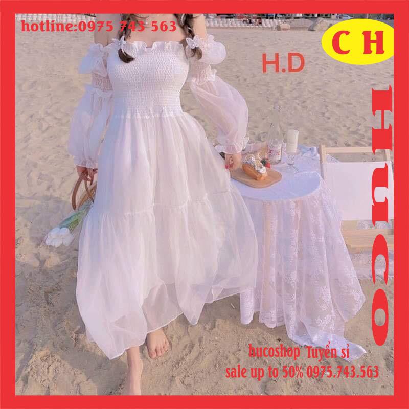 Váy trắng nữ trễ vai xoè hai tầng tay bồng chất voan có lớp lót trong form chuẩn ảnh Style Hàn quốc freesize