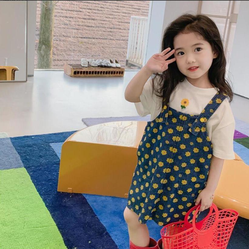 Đầm Yếm Denim In Hoa Dễ Thương Phong Cách Hàn Quốc Thời Trang Cho Bé Gái