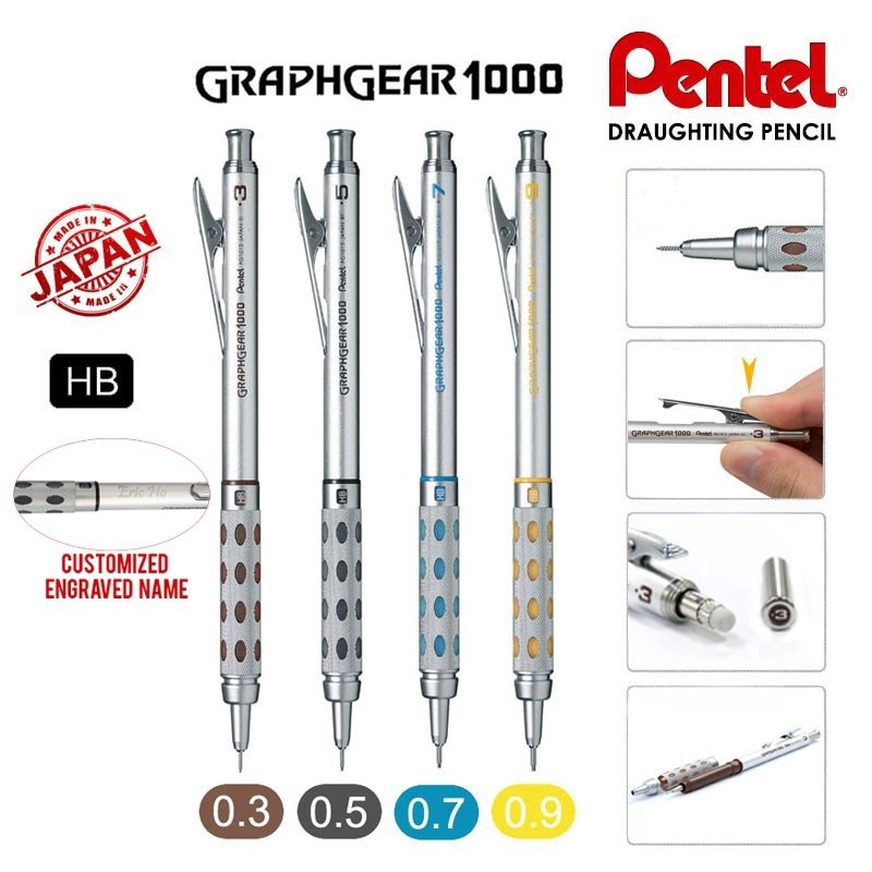 Chì Kim Kỹ Thuật Cao Cấp Pentel Graphgear 1000 | Thân Kim Loại Sang Trọng | 4 Cỡ ngòi