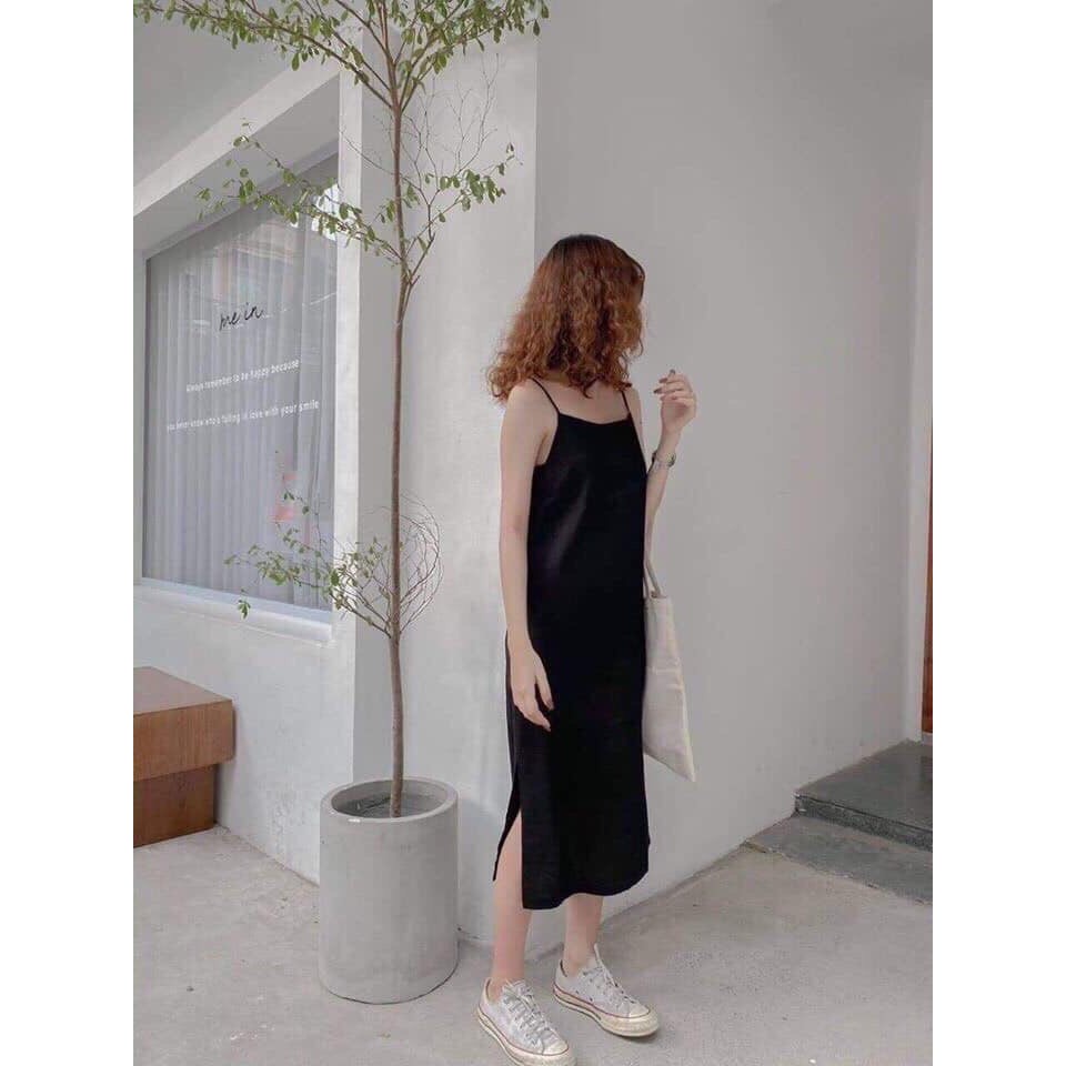 V005 - Váy hai dây suông xẻ chất voan có lót cute, đầm hai dây trơn dài qua gối tiểu thư bánh bèo nữ tính Ulzzang