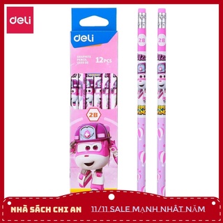 Bút chì lục giác 2b deli, vàng, xanh, hồng, xanh lá/ sọc trắng - 12 cây/hộp e37000