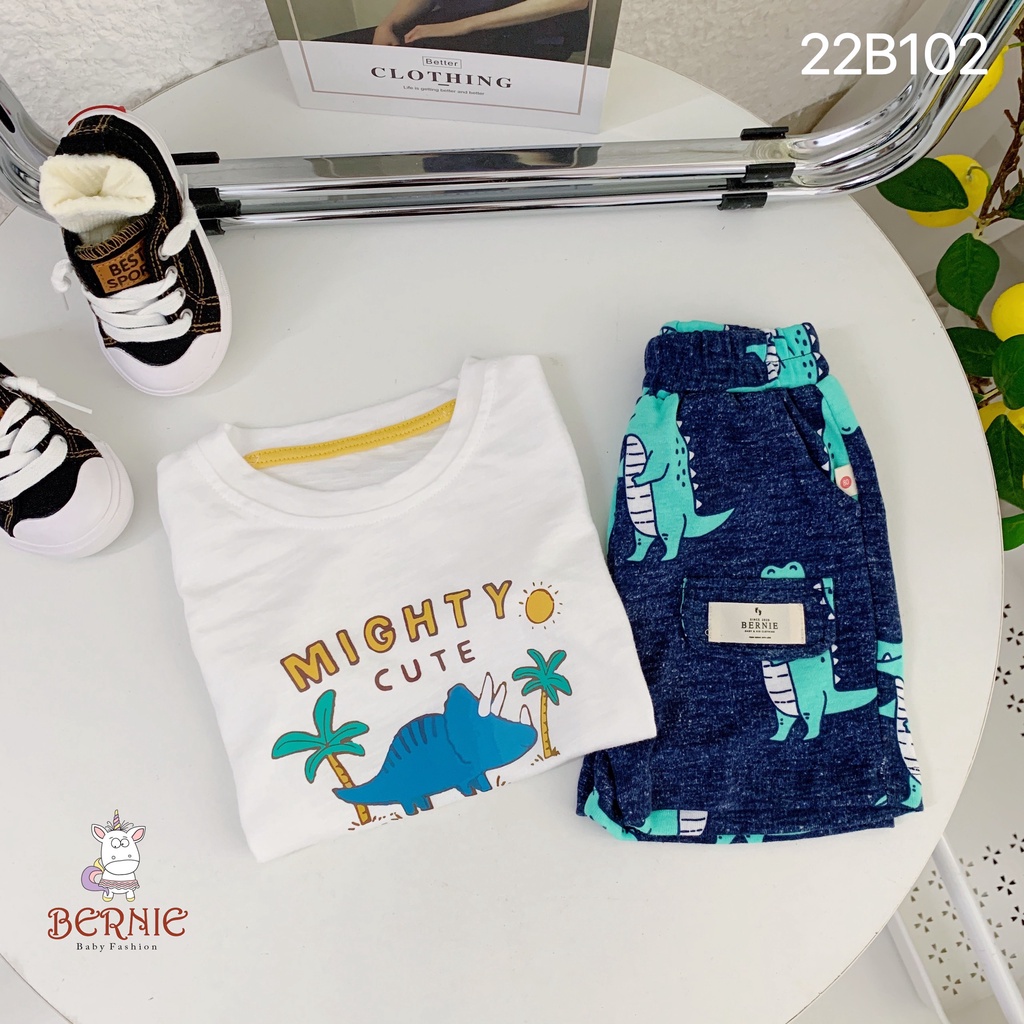 Bộ cotton cộc tay quần đùi hoạ tiết khủng long cho bé trai, bộ thun mềm mát mùa hè