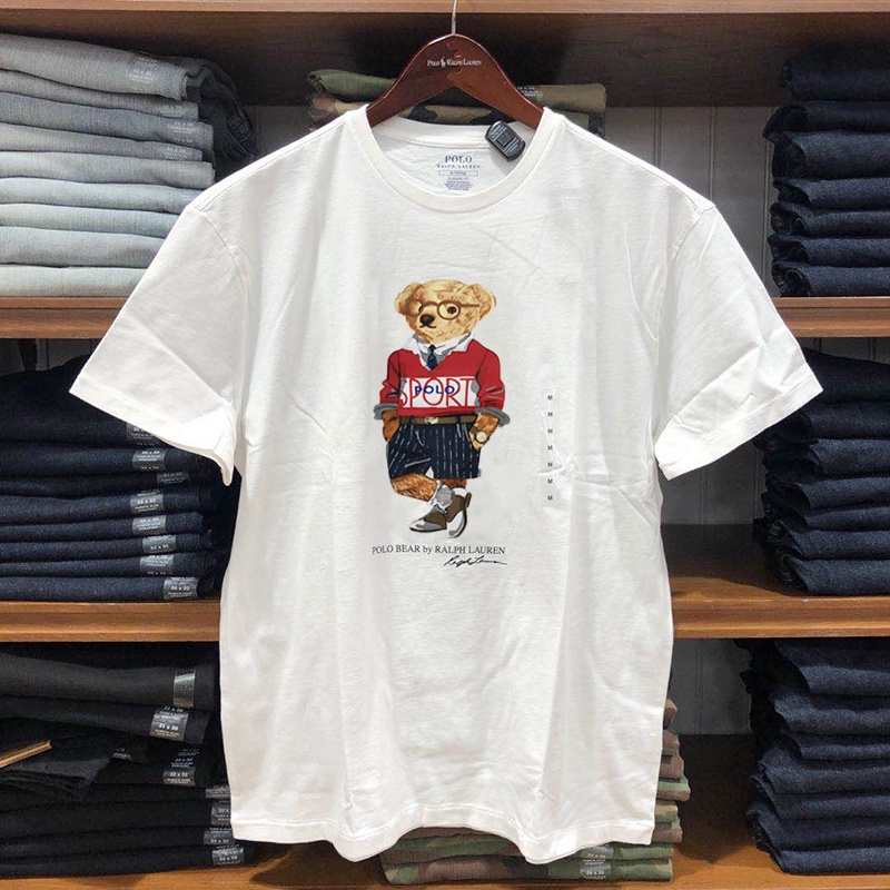 Áo thun Ralph Lauren tay ngắn cổ tròn vải cotton in hình gấu cho nam