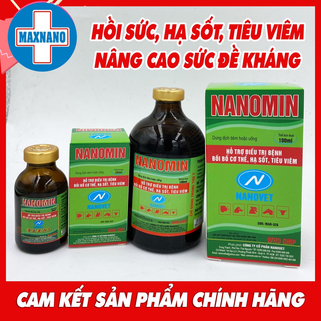 Hộp NANOMIN 20ml, 100ml -NANOVET sản phẩm cao cấp hỗ trợ hồi sức thú bệnh, giảm đau, hạ sốt, nâng cao sức