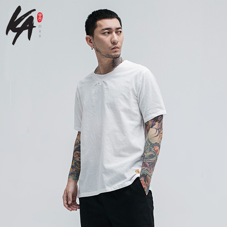 Áo sơ mi linen ngắn tay cổ tròn thêu viền kiểu