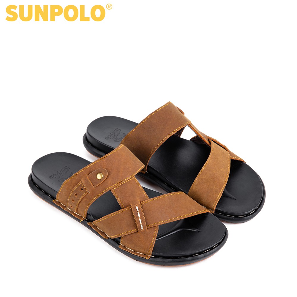 [Mã BMBAU50 giảm 7% đơn 99K] Dép Quai Ngang Nam Da Bò SUNPOLO Đen Nâu - SNA101