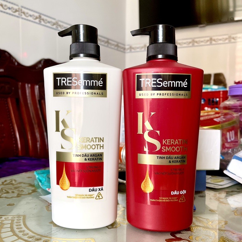 Combo gội 640g + xả 620g TRESemmé Keratin Smooth Tinh dầu Argan và Keratin vào nếp suôn mượt