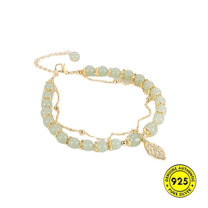 Vòng Tay Chuỗi Đôi Phối Đá Ngọc Bích Thiết Kế Cao Cấp Không Thấm Nước Phong Cách Retro Thanh Lịch