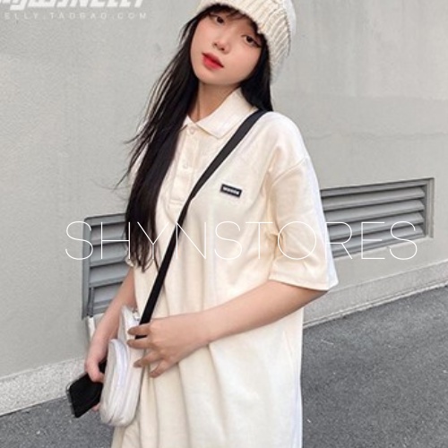 Áo polo Unisex tay lỡ form rộng Shynstores - áo thun polo nam nữ màu be phối cổ trắng freeship