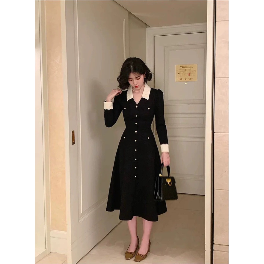 (Video thật) Váy công sở thanh lịch phong cách Pháp, váy đen dáng dài có cổ dành cho nữ