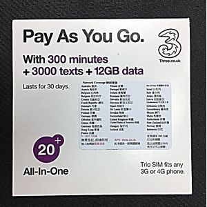 Sim Du Lịch Châu Âu 12GB 30 Ngày Nghe gọi không giới hạn Three UK