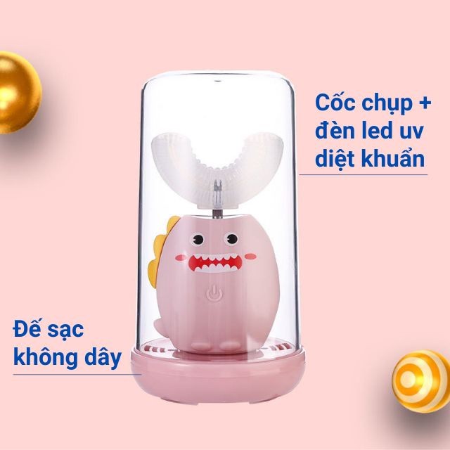 Bàn chải đánh răng điện cho bé chữ u tặng thêm 1 đầu chải, sạc không dây, đèn uv diệt khuẩn trẻ em từ 2 đến 12 dc-29