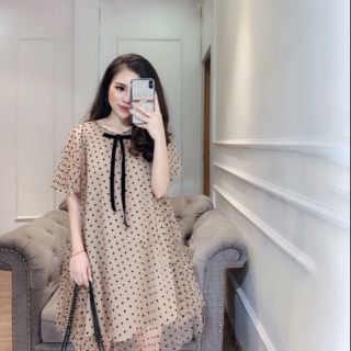 Đầm suông lưới nude bi đen