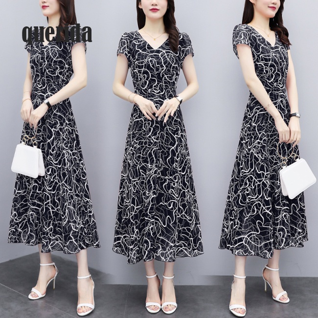 Đầm Dài Cổ V Tay Ngắn In Họa Tiết Thời Trang Sang Trọng Cho Nữ
