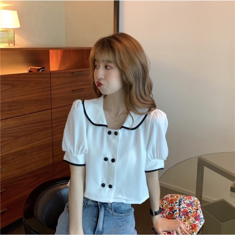 ÁO KIỂU SƠ MI CROPTOP TAY PHỒNG ULZZANG HẢI QUÂN [ORDER]