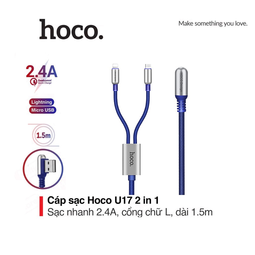 Dây Sạc Hoco U17 2in1 Hỗ Trợ Sạc Nhanh. Cáp Sạc Hoco U17 Độ Bền Cực Cao Siêu Bền Bọc Thép, Truyền Dữ Liệu Cực Tốt
