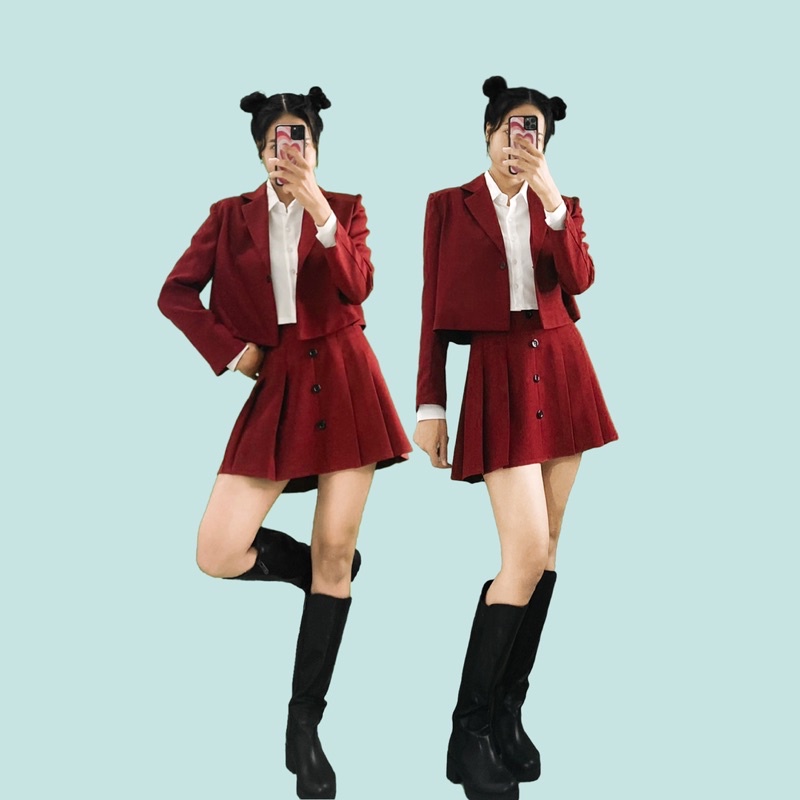 DALLA Set áo vest blazer nữ ĐỎ ĐÔ croptop tay dài Dalla Saigon