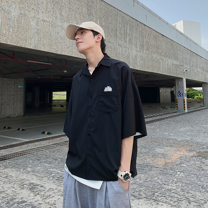 Korean Style Chrysanthemum Embroidery Short Sleeve Shirt For Men | BigBuy360 - bigbuy360.vn