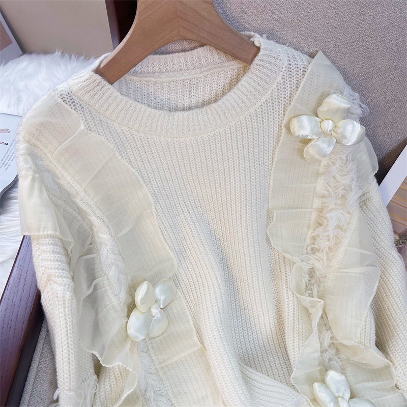 Áo Sweater Dệt Kim Mềm Dáng Rộng Phối Bèo Kiểu Hàn Quốc Thời Trang Mùa Thu Cho Nữ