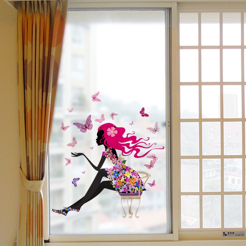 Decal dán kính cao cấp - Cô gái tóc hồng ( 60x116cm )