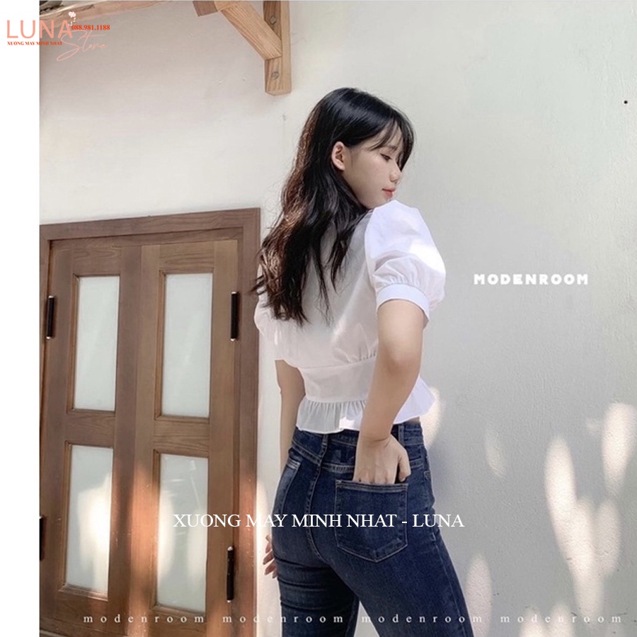 Áo sơ mi cổ sen nữ tay ngắn bồng viền bèo cộc tay - Áo sơ mi trắng cổ bèo kiểu dáng croptop vải lụa mặc đi học chơi biển