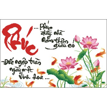 Tranh thêu chữ Phúc Sen cá IST206