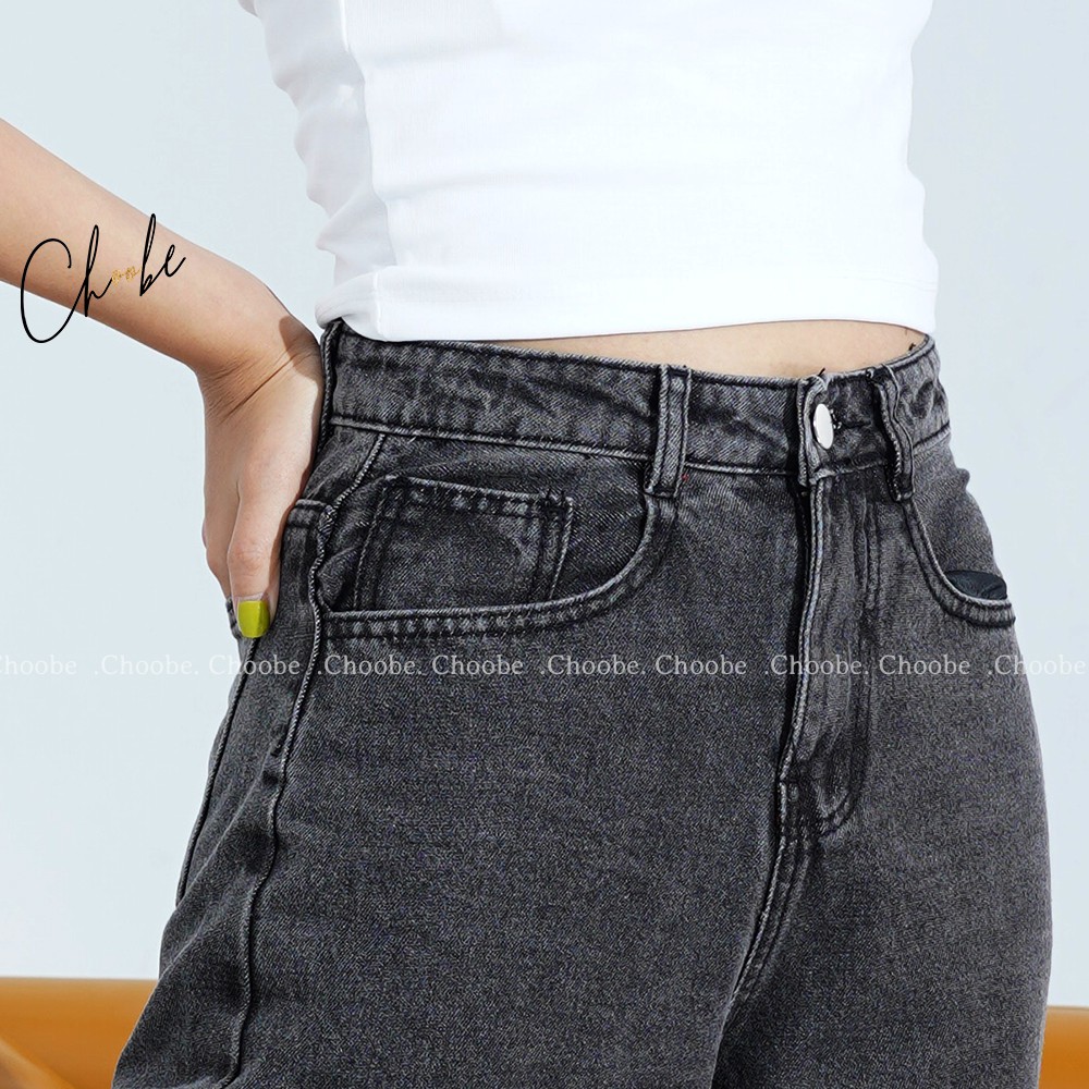 Quần jean nữ Choobe ống rộng lưng cao bò suông đen vải dày dặn cao cấp phong cách thời trang Hàn Quốc QJ09