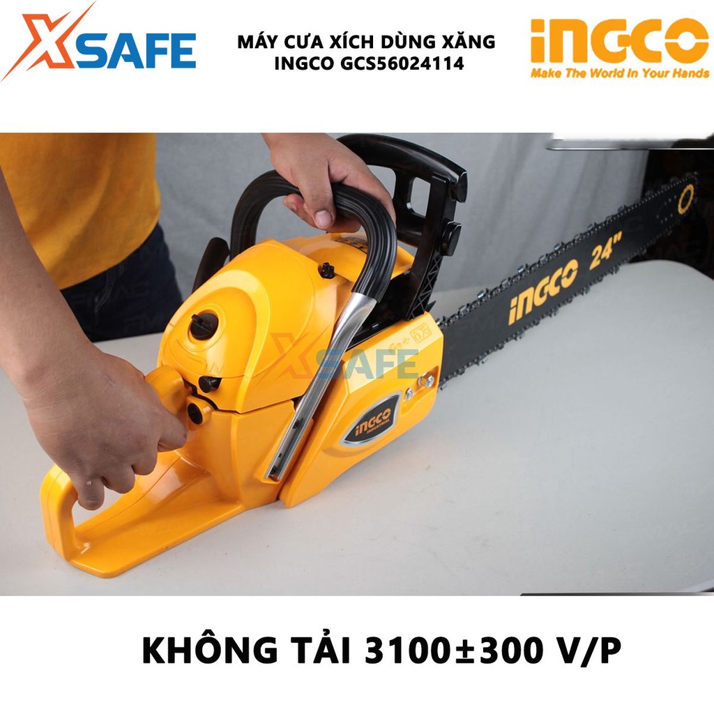 Máy cưa cầm tay INGCO GCS5602411 chạy xăng động cơ 2 thì 62cc mạnh mẽ công suất 2.4Kw tốc độ 3100rpm