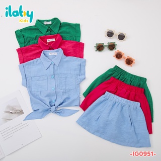 [25.6 GIẢM 40K ĐƠN 299K] Set váy cho bé gái ILABY sơ mi buộc tà chân váy chất liệu đũi mát [52IG09510522]