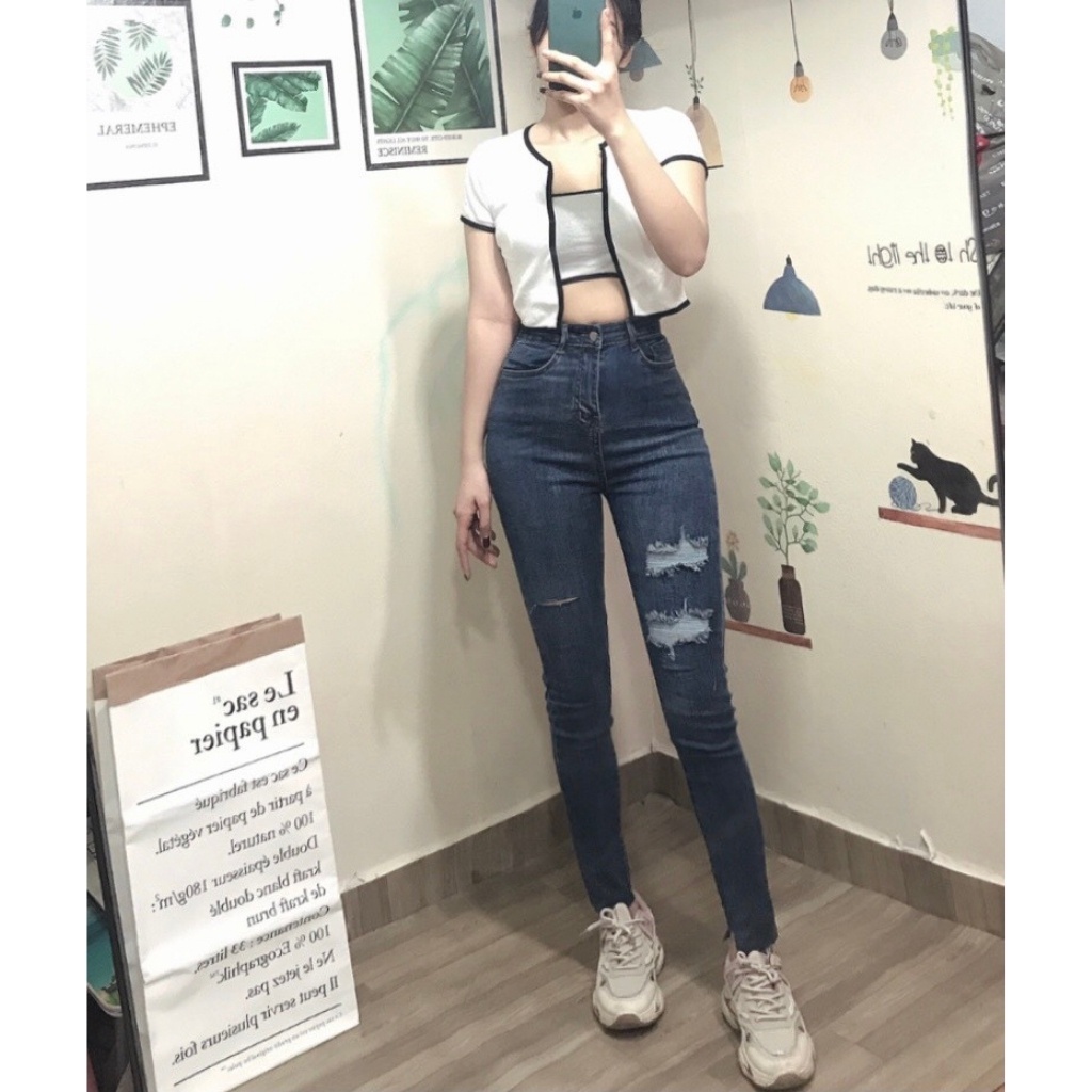 Quần Jeans Cạp Cao Rách Gối Mẫu Hót 2021