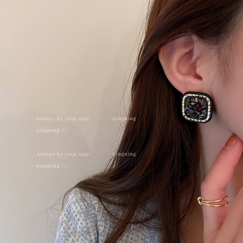 DREJEW Bông Tai Hình Vuông Màu Đen Đính Kim Cương Bạc Thời Trang Sang Trọng Cho Nữ