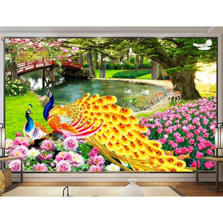 Tranh dán tường 3D phong cảnh chim công  - VẢI LỤA  phủ kim sa (kích thước theo yêu cầu)