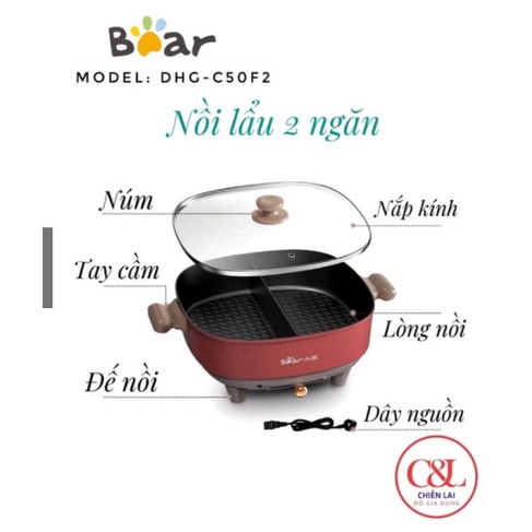 Nồi Lẩu Đa Năng 2 Ngăn Bear Chính Hãng DHG-C50F2