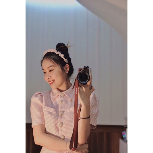 Set dạ tweed ngắn tay màu hồng ngọt ngào